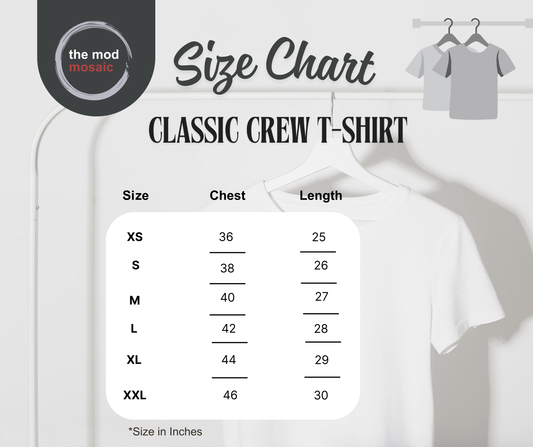 Size chart for classic crew t-shirts with a white t-shirt on a hanger.