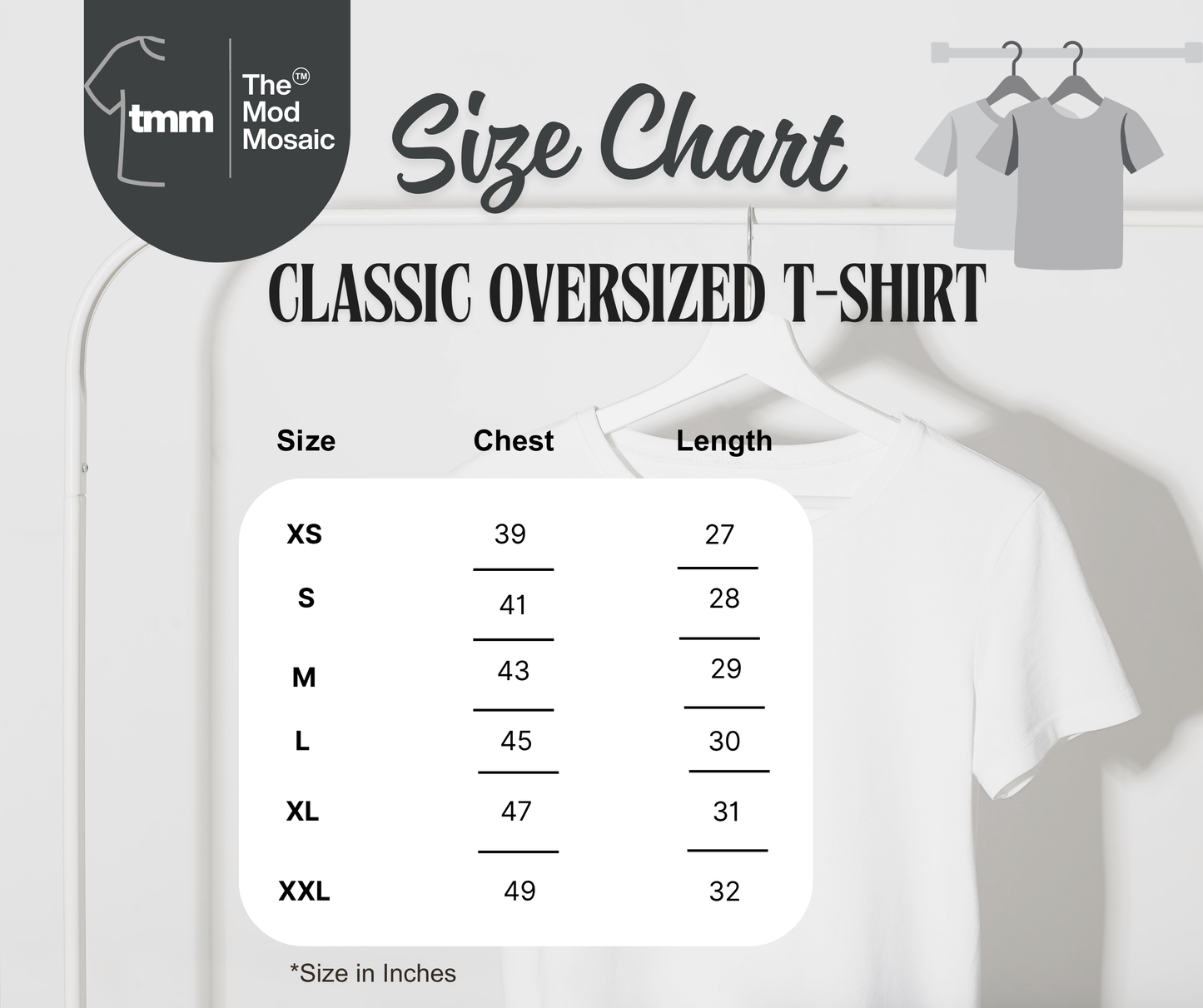Size chart for classic oversized t-shirts with shirt images and measurements.