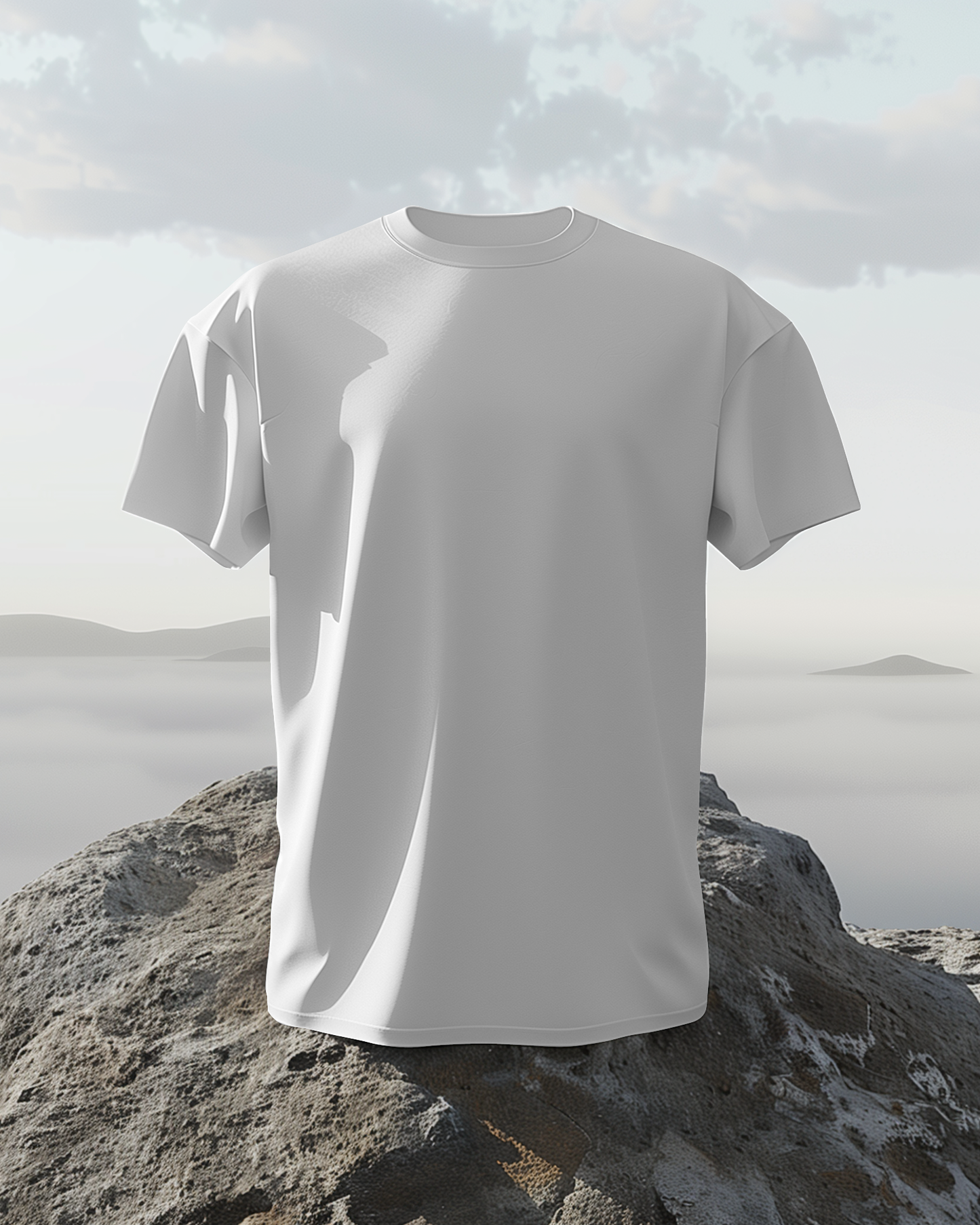 White t-shirt on a rock with a mountainous landscape in the background