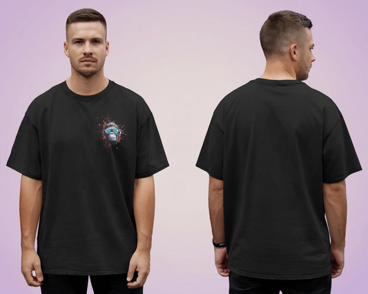 Man wearing a black t-shirt with a graphic design on the front, shown from the front and back against a light purple background.