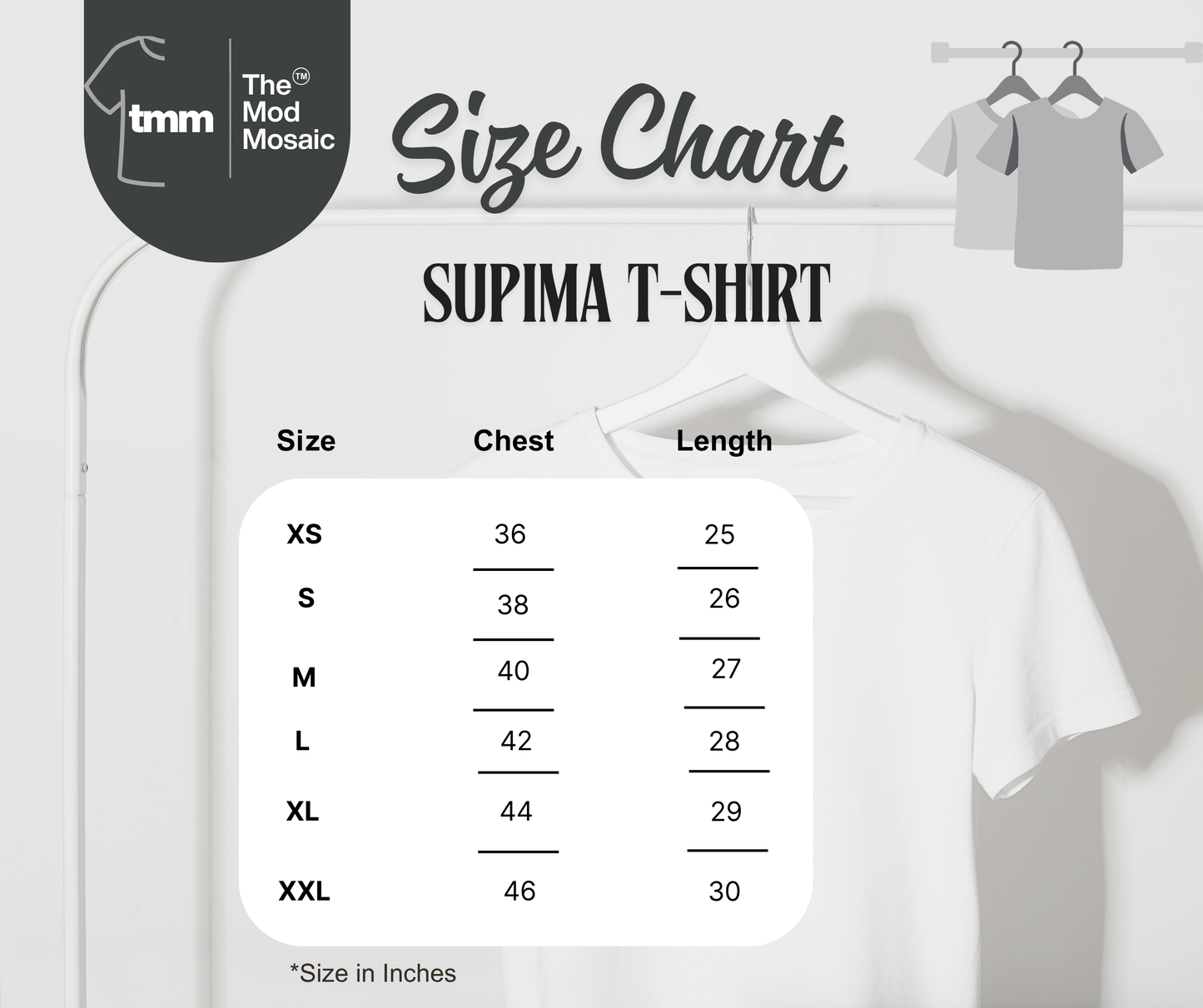 Size chart for Supima T-shirts with a white t-shirt on a hanger and 'the mod mosaic' branding.