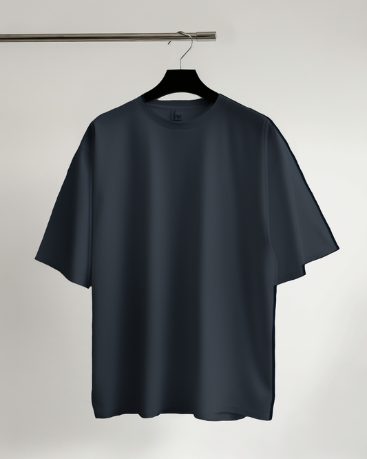 NavyBlue t-shirt on a hanger against a plain background