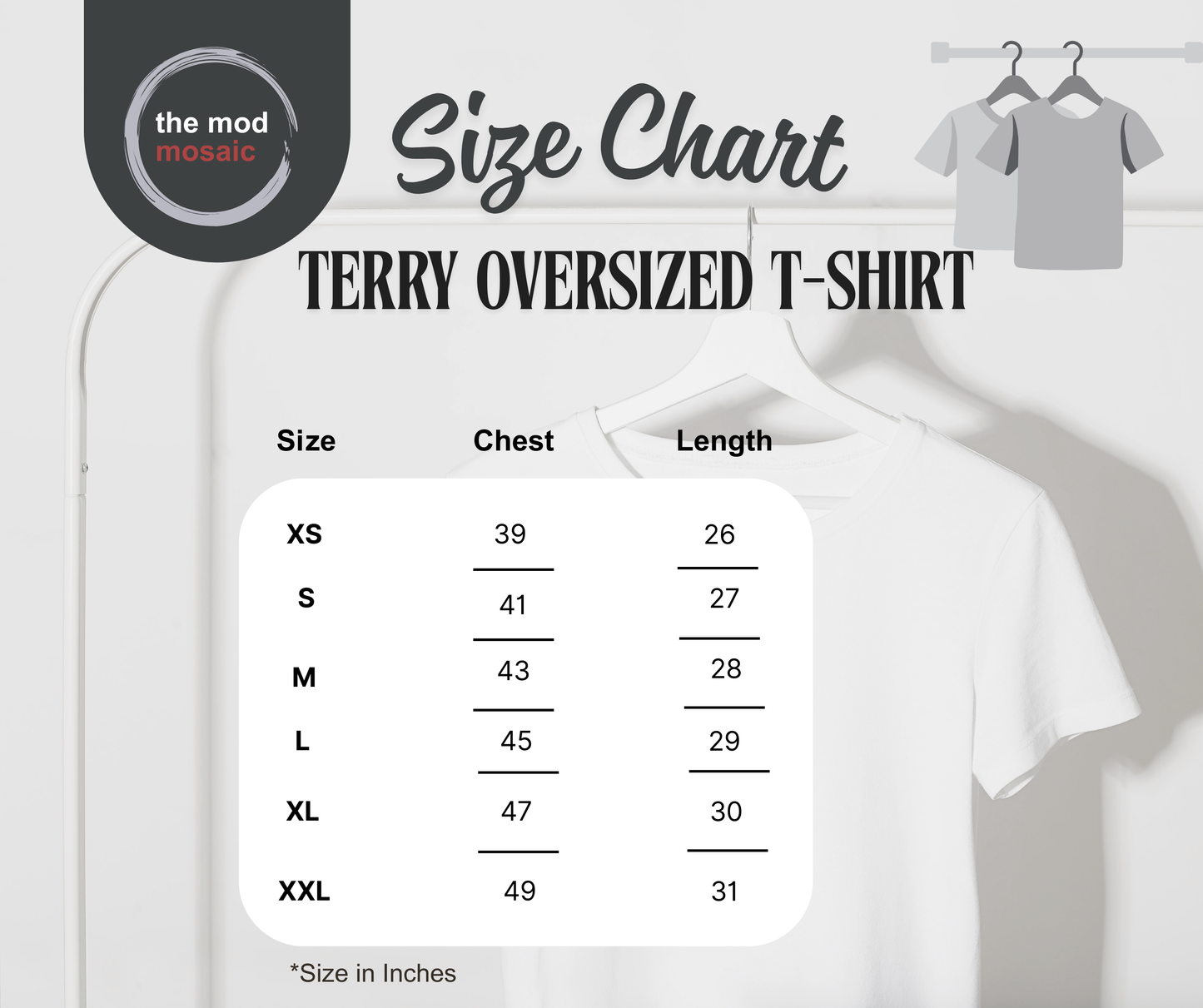 Size chart for terry oversized t-shirts with shirt images and measurements.