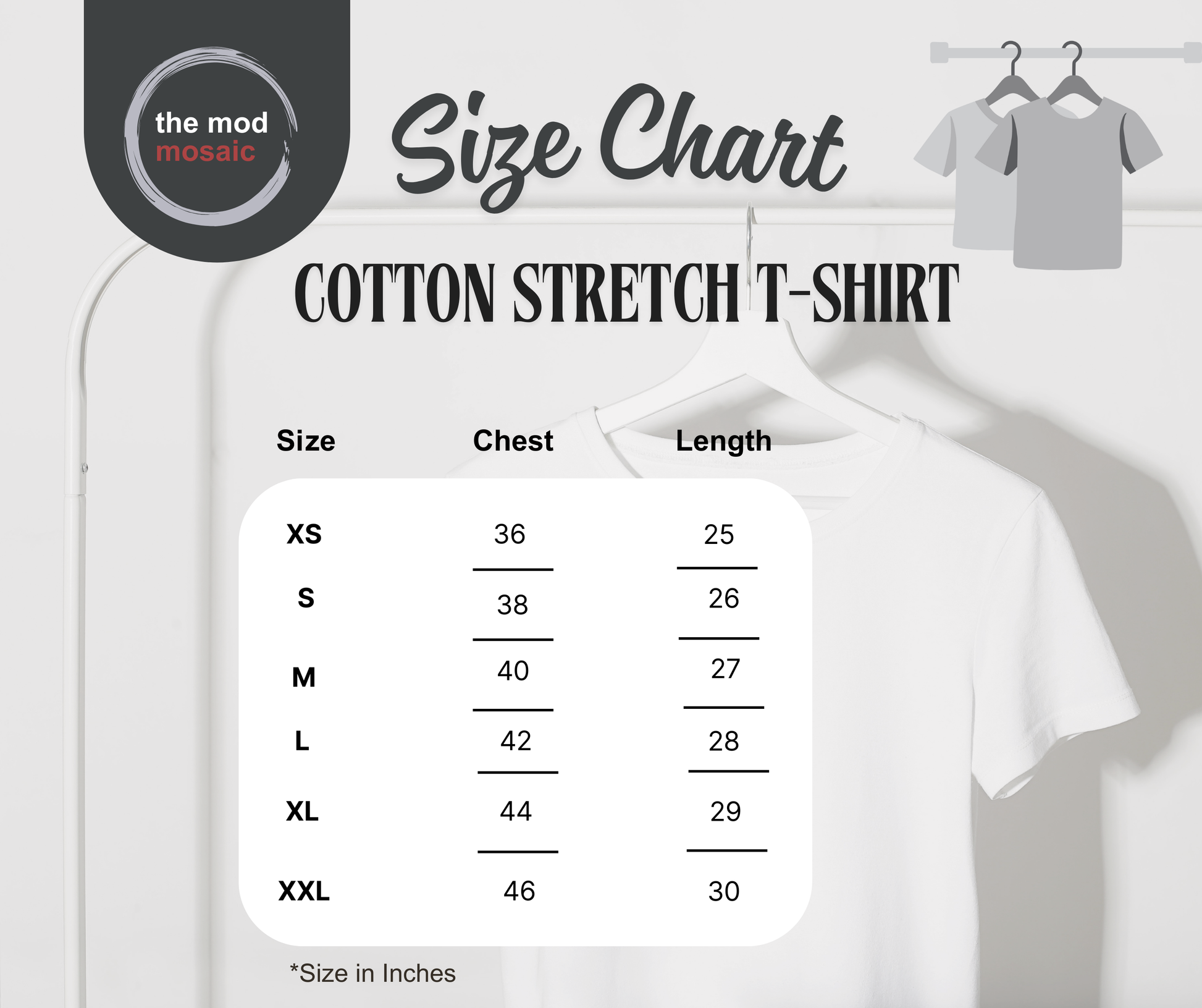 Size chart for cotton stretch t-shirts with shirt images and measurements.