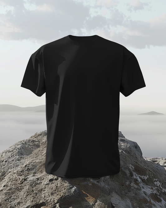 Black t-shirt on a rock with a desert landscape in the background