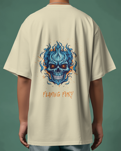 Off-white t-shirt with a blue skull design on the back against a green background
