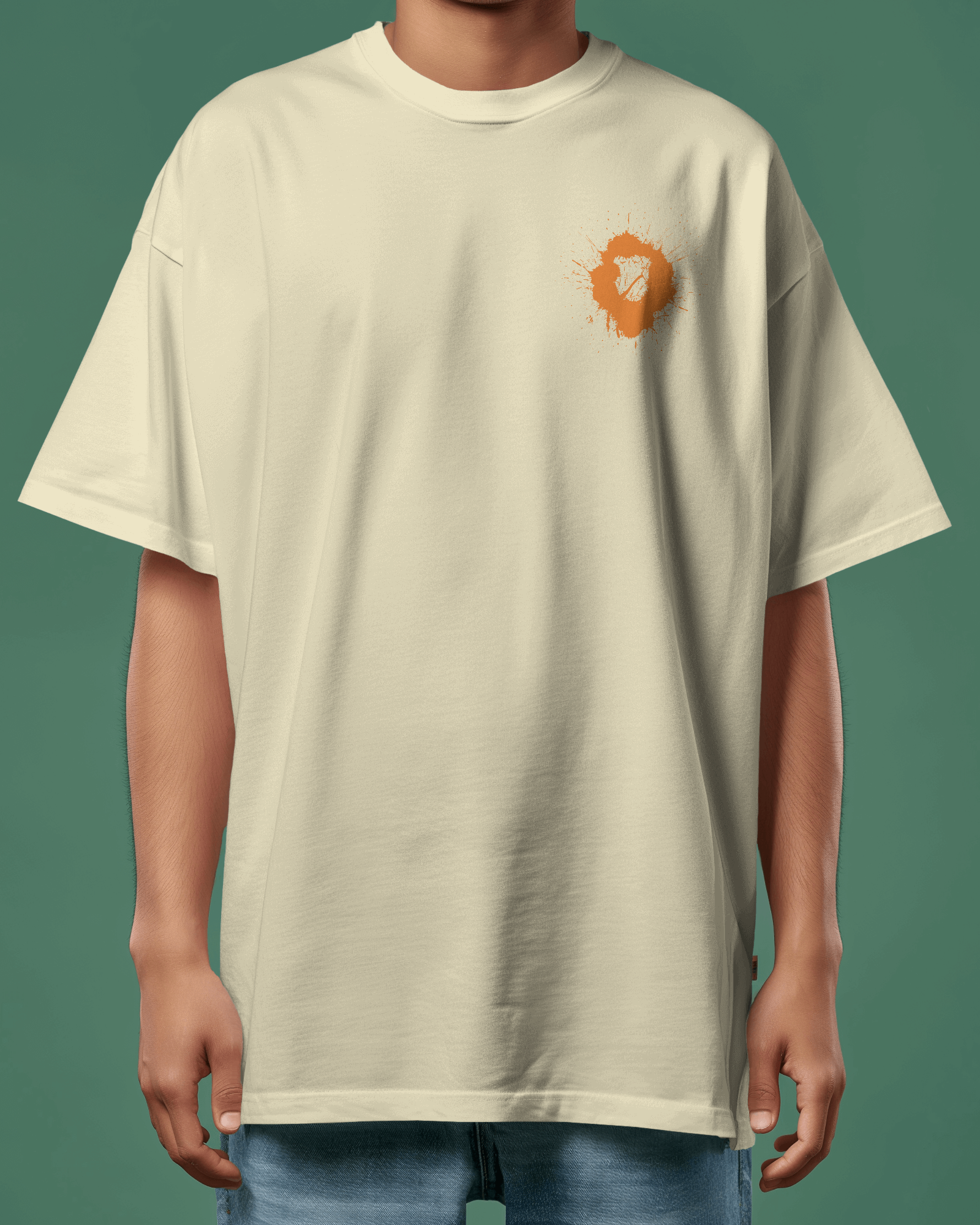 Person wearing a Off-white t-shirt with a logo on a green background