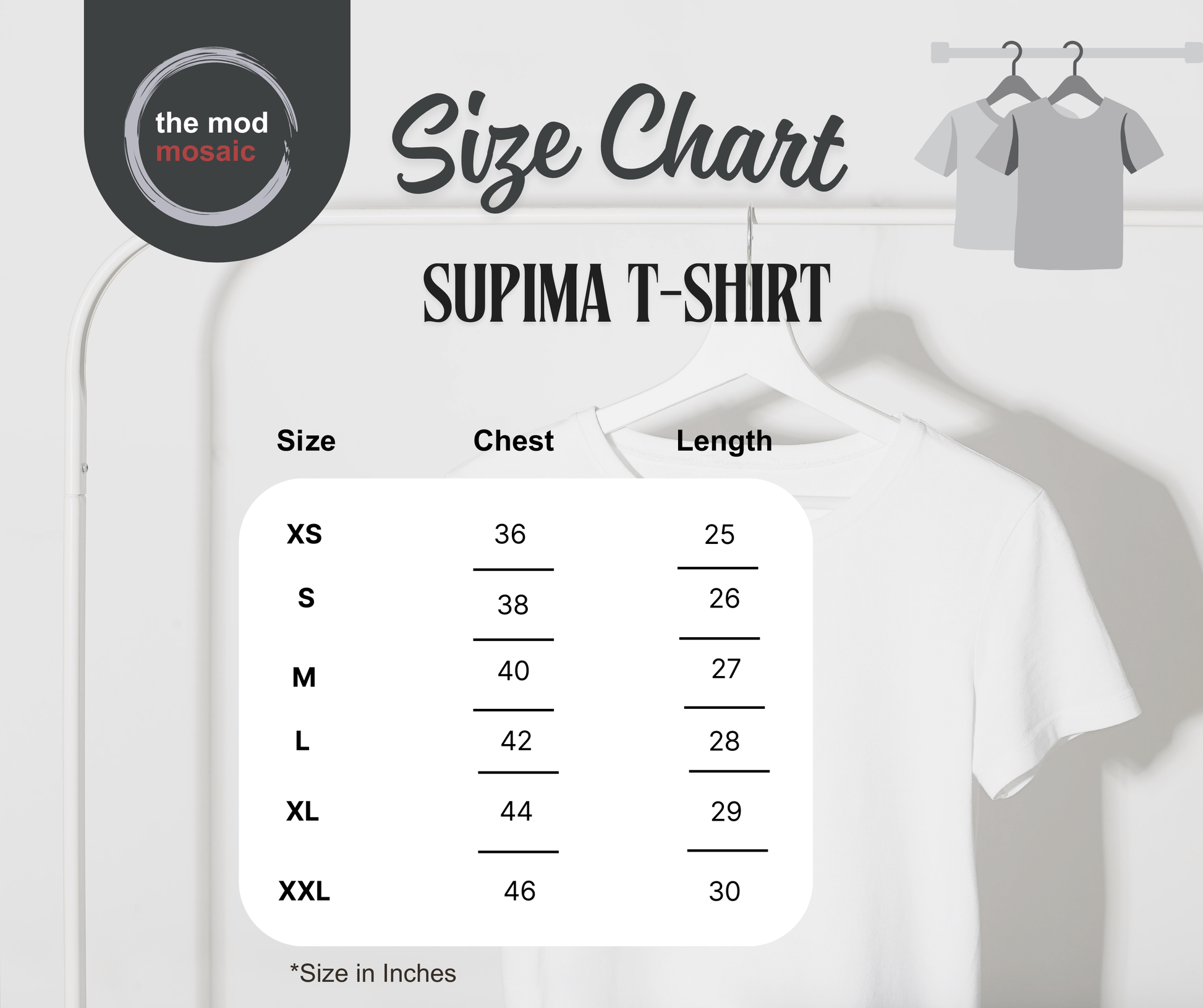 Size chart for Supima T-shirts with a white t-shirt on a hanger and 'the mod mosaic' branding.